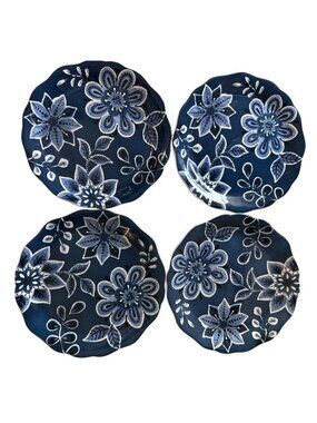 Pier 1 Imports Indigo Floral Ironstone 9” Luncheon Plates Set Of 4 Cottagecore